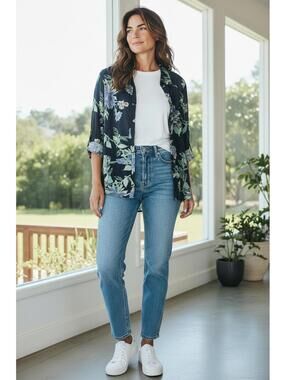 JM Collection Navy Floral Button-Down Shirt, Size 12